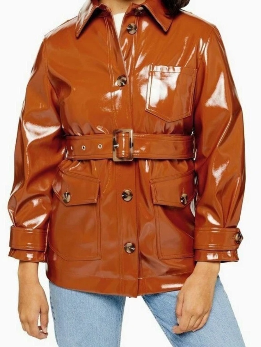 Topshop Chicago Brown Belted Vinyl Coat